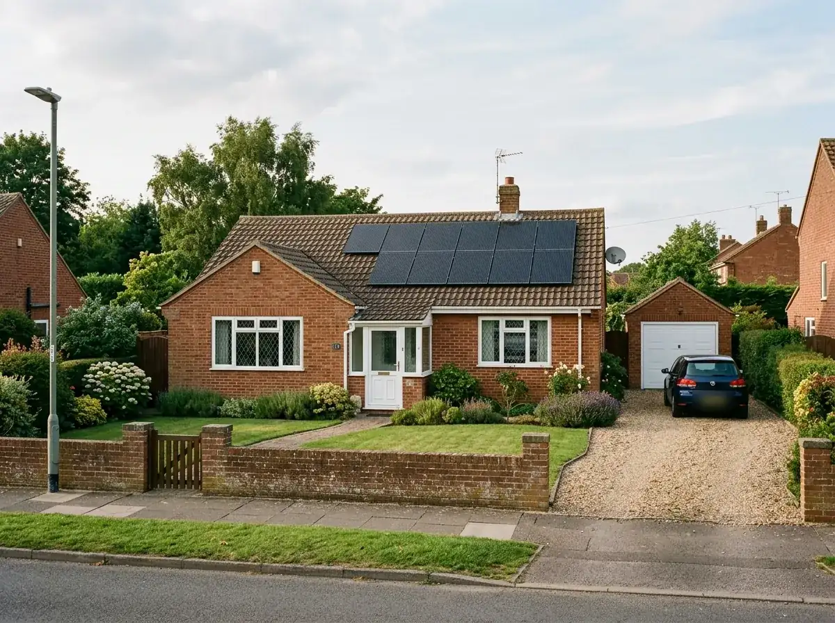 Solar panels on the roof of a brick bungalow in a Nottinghamshire village