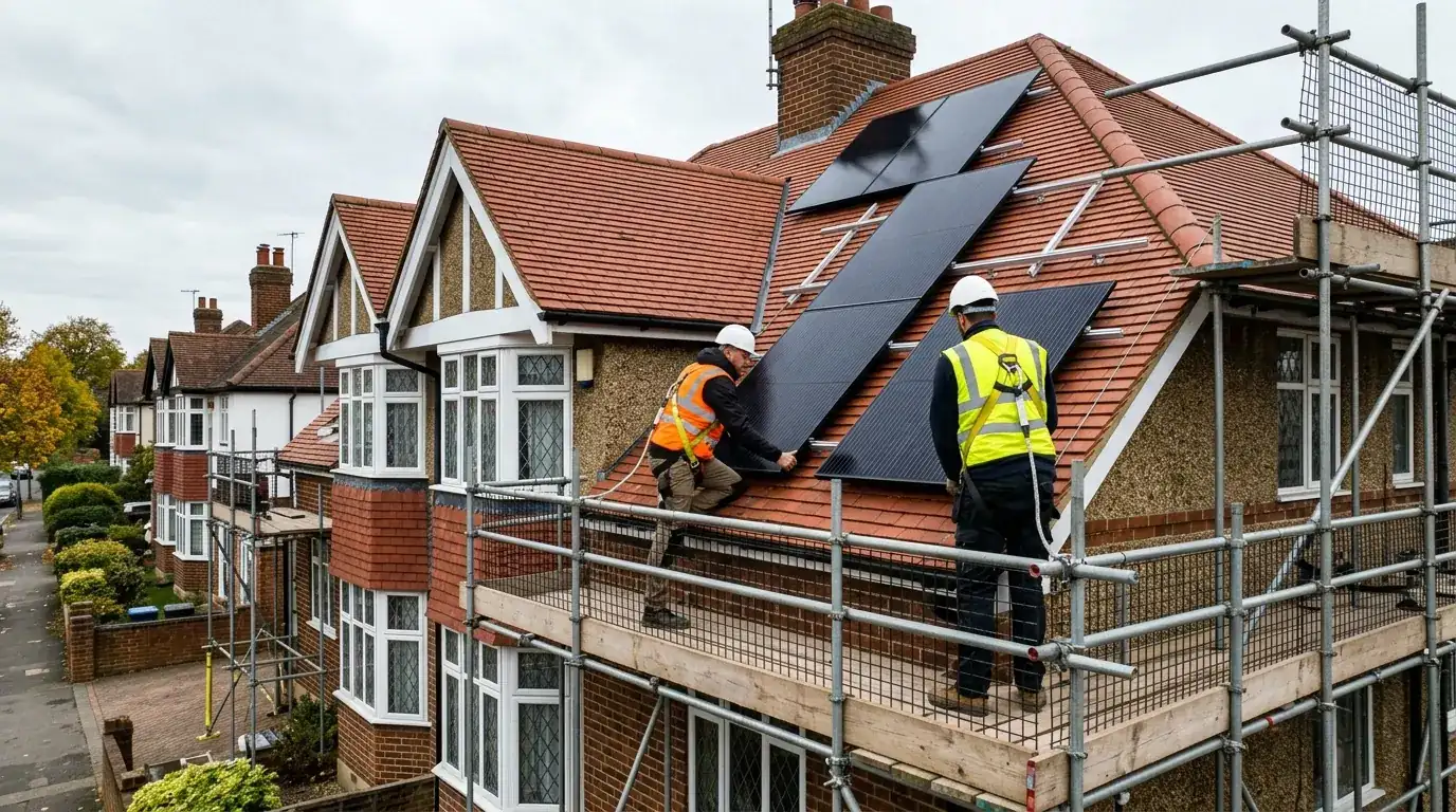 Installer fitting solar panels to a tiled roof on a Nottinghamshire house